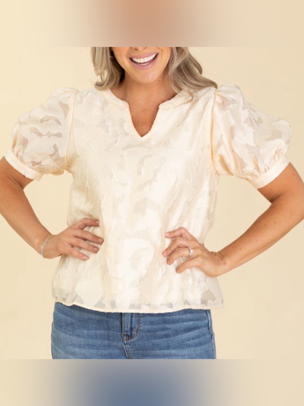 JODIFL Cream Puff-Sleeve V-Neck Blouse